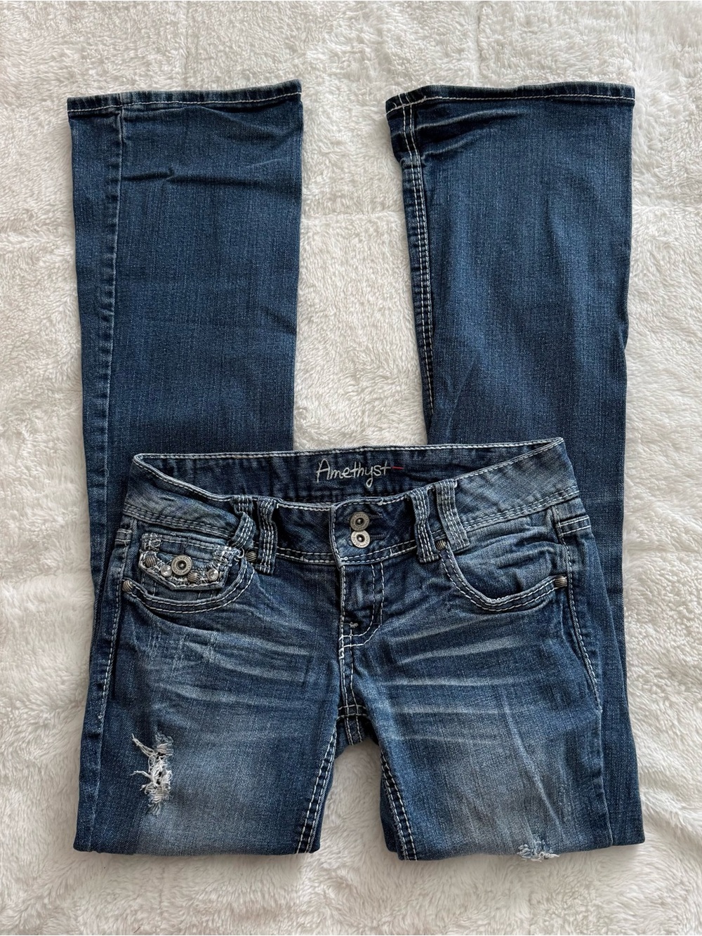 Amethyst Y2K 2000s Jeans Women's Dark Blue Distressed Bootcut Jeans